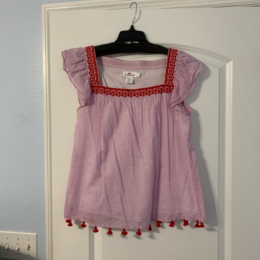 Vineyard Vines Square Neck Tassel Stripe Blouse